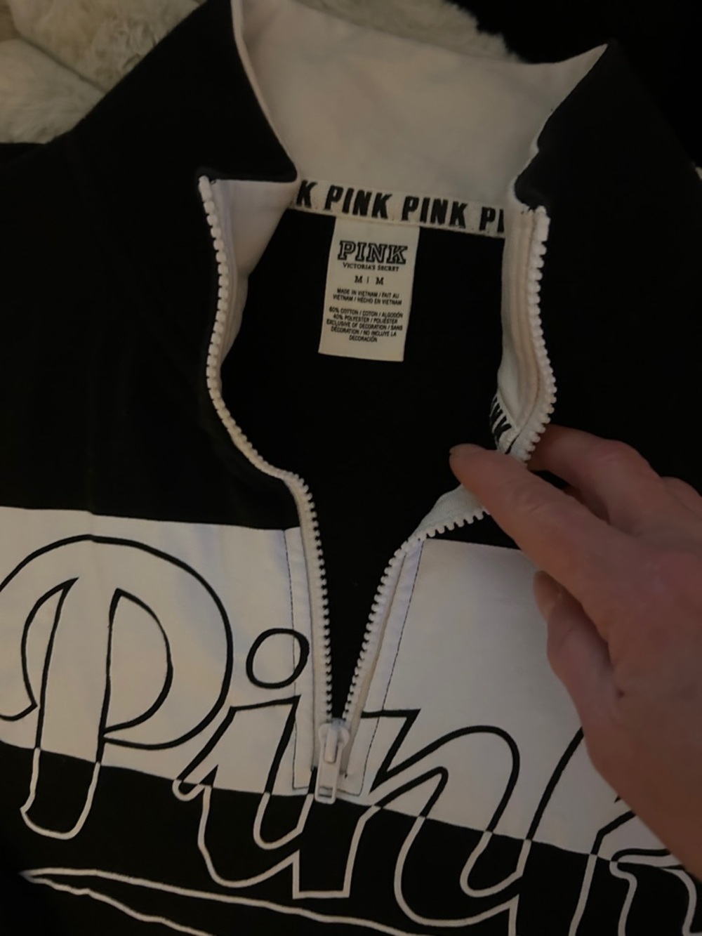 PINK Half-Zip Pullover Sweatshirt - Black & White with front kangaroo pockets - Picture 3 of 4